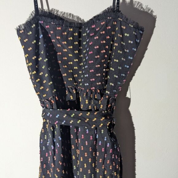 Trina Turk Black Rainbow Swiss Dot Sweetheart Neck Strappy Midi Dress Women's 10 - Picture 5 of 7